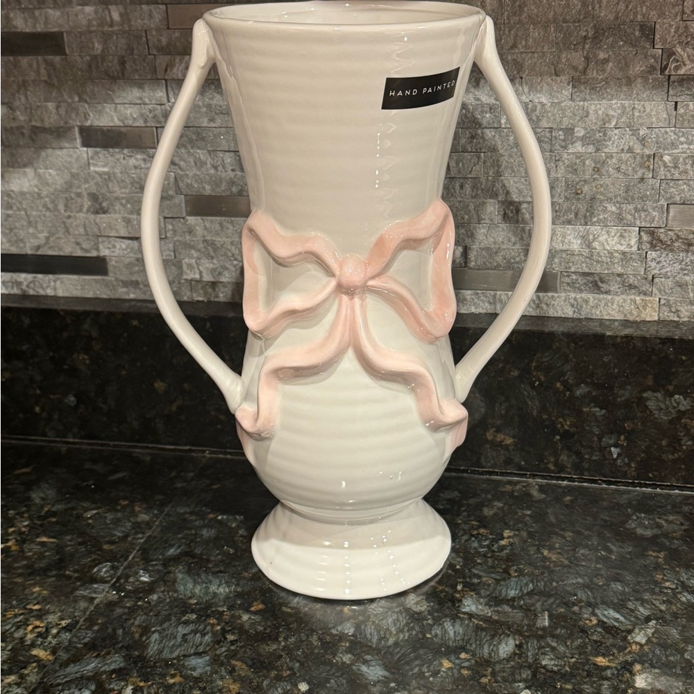 NEW White Vase Pink Coquette Bow Ribbon Handpainted Ceramic Viral 12”